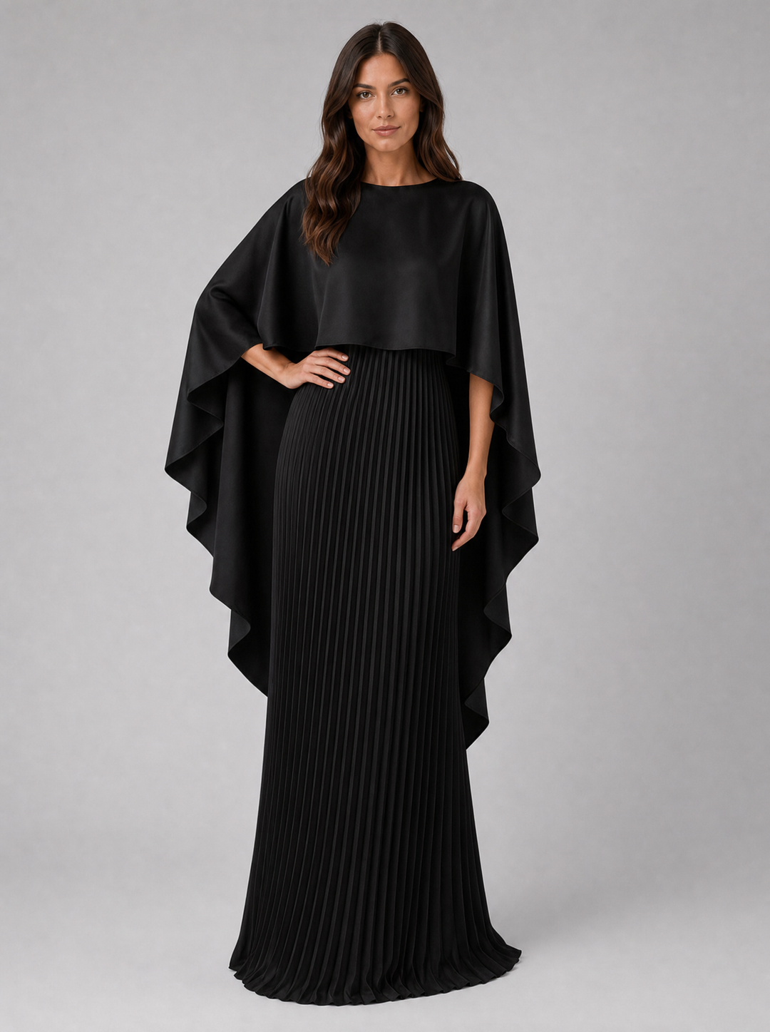 Women’s Pleated Maxi Dress with Cape Sleeves – Flowing Silhouette
