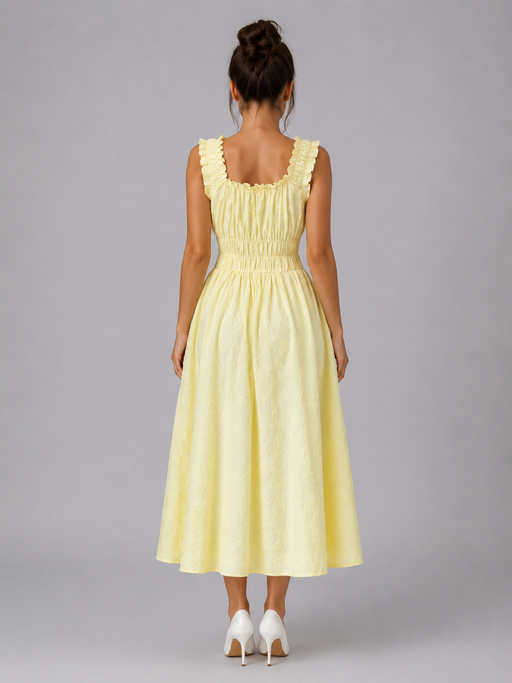 Women’s Textured Floral Midi Dress – Shirred Waist &amp; Ruffle Detail