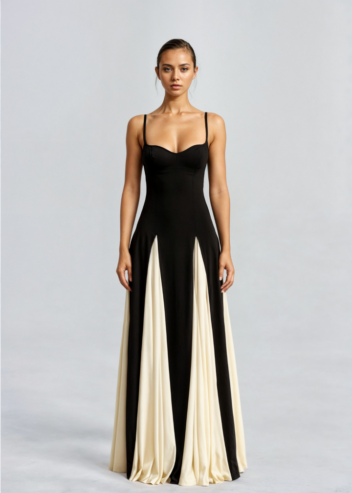 Women’s Maxi Cocktail Dress – Sculpted Top &amp; Flowing Skirt