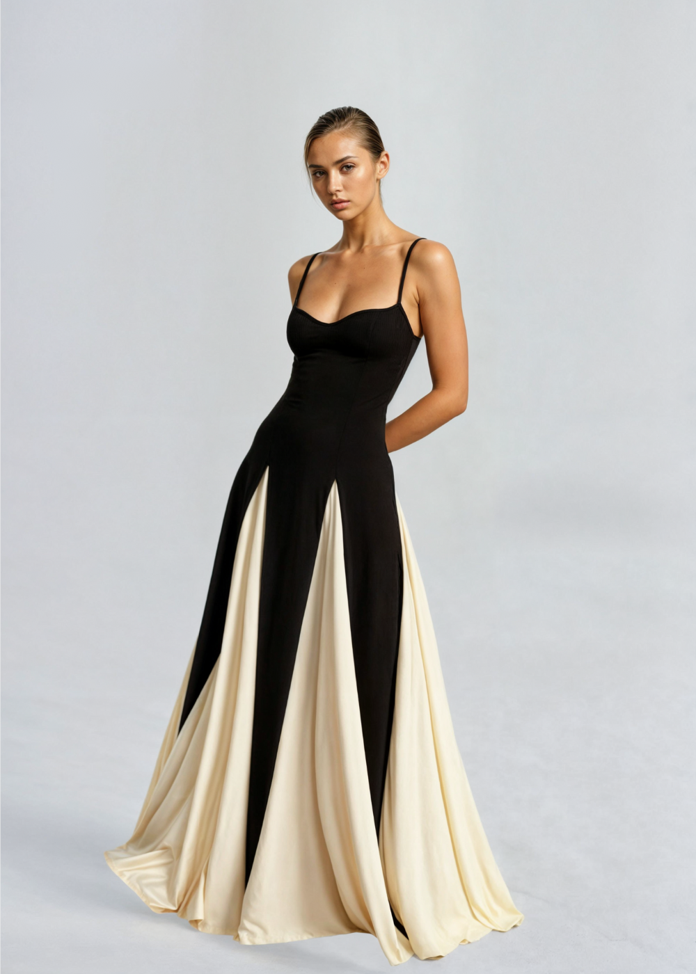 Women’s Maxi Cocktail Dress – Sculpted Top &amp; Flowing Skirt