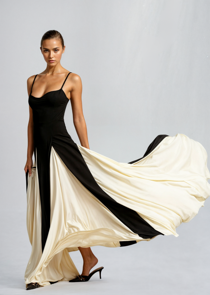 Women’s Maxi Cocktail Dress – Sculpted Top &amp; Flowing Skirt