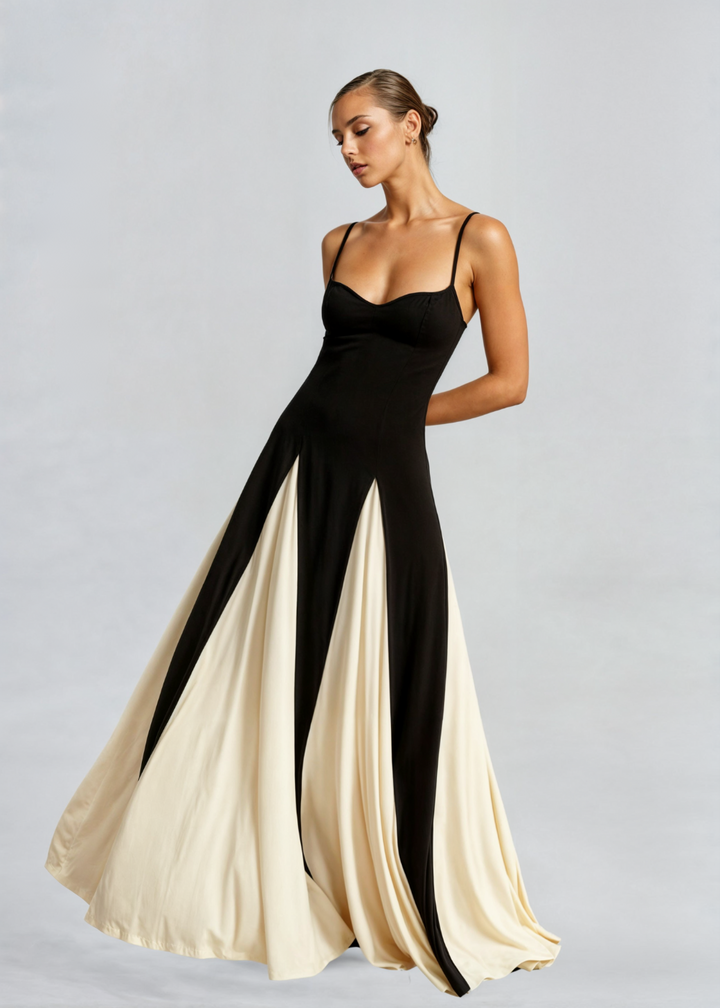 Women’s Maxi Cocktail Dress – Sculpted Top &amp; Flowing Skirt
